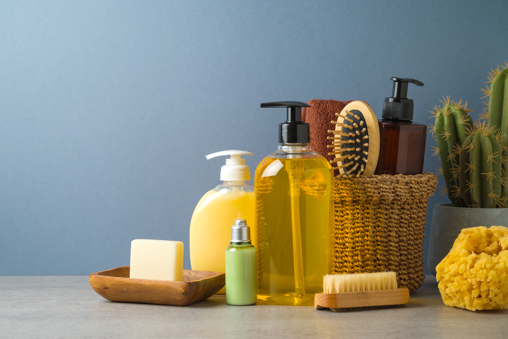 Beauty treatment products over gray background. Natural and organic body care concept