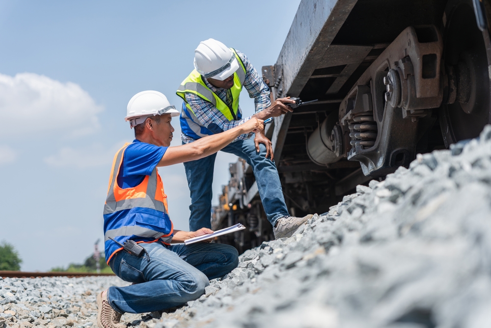 Railroad Engineers Inspecting Train Wheel and Undercarriage, Construction Workers or Technicians Examining Railway Equipment, On Site Inspection of Train by Safety Professionals